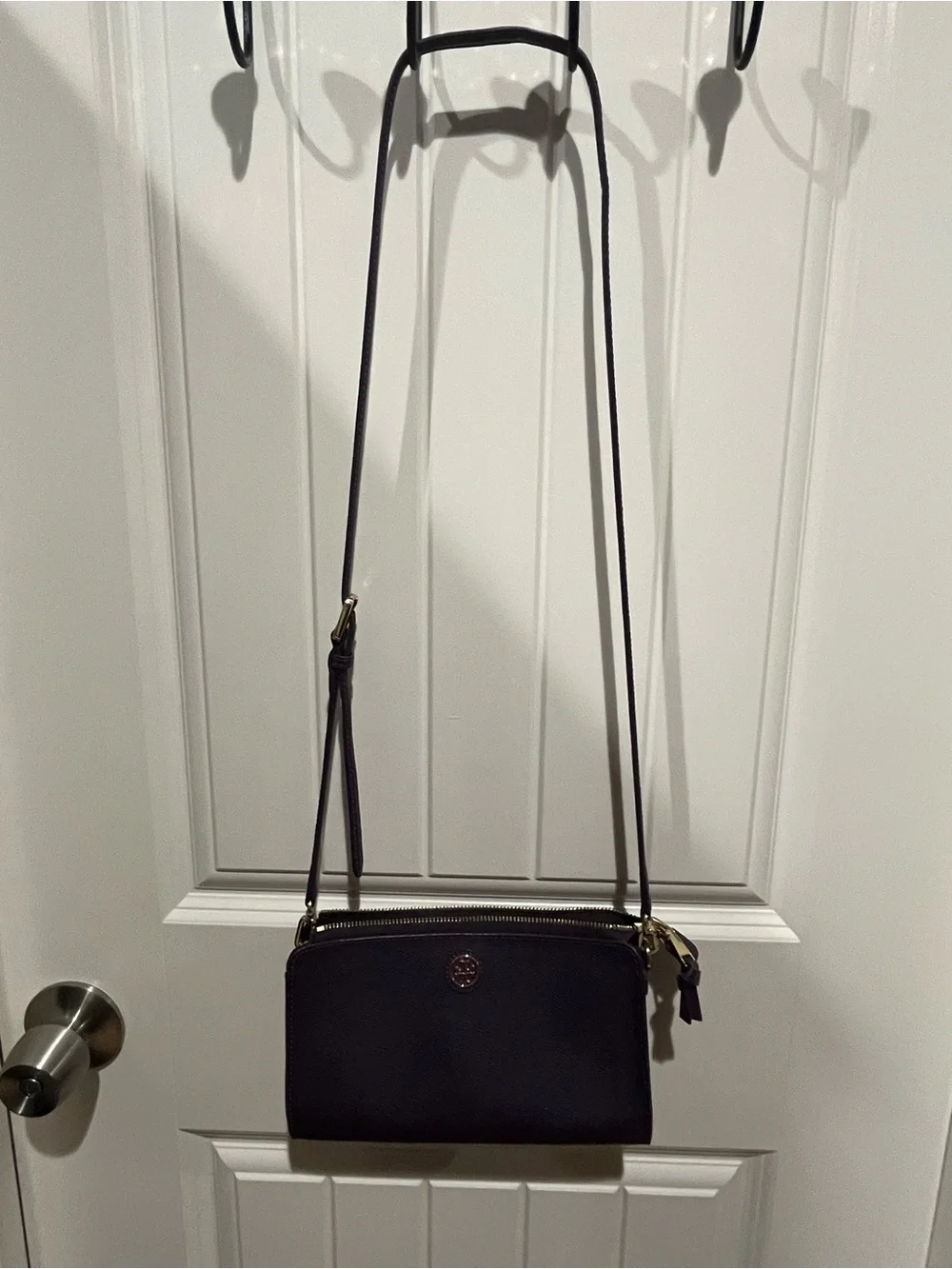 Tory Burch Purple Leather Double-Zip Crossbody with Gold Logo